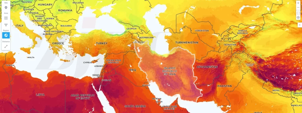 What is the intensity of the sun's radiation in Iran?