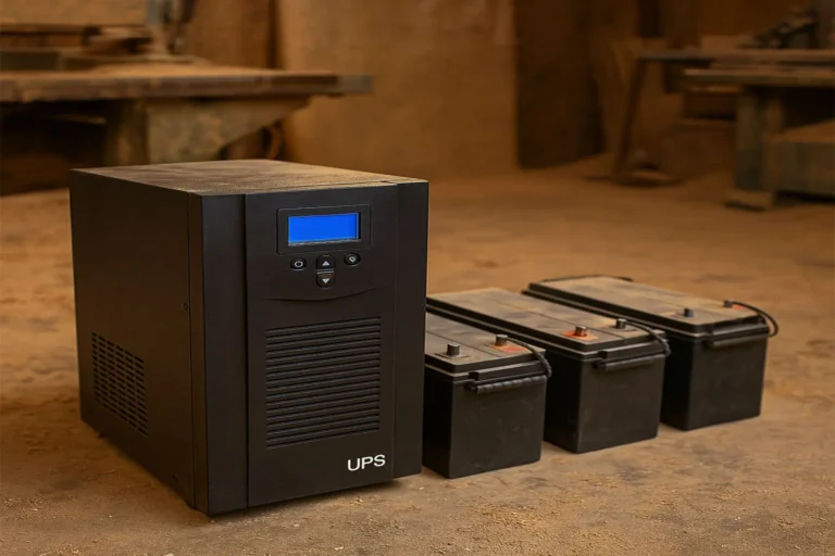 دستگاه UPS صنعتی به همراه چند باتری ۱۲ ولت و ۲۴ ولت در کارگاه چوب‌بری با گرد و خاک زیاد و دمای بالا
